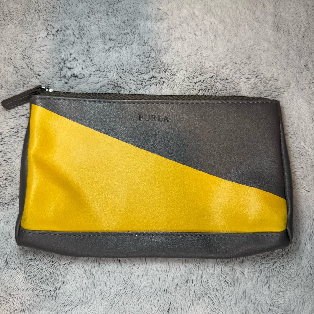 FURLA Eva Air Cosmetic Bag Zippered Gray and Yellow‎ Faux Leather Bag EUC